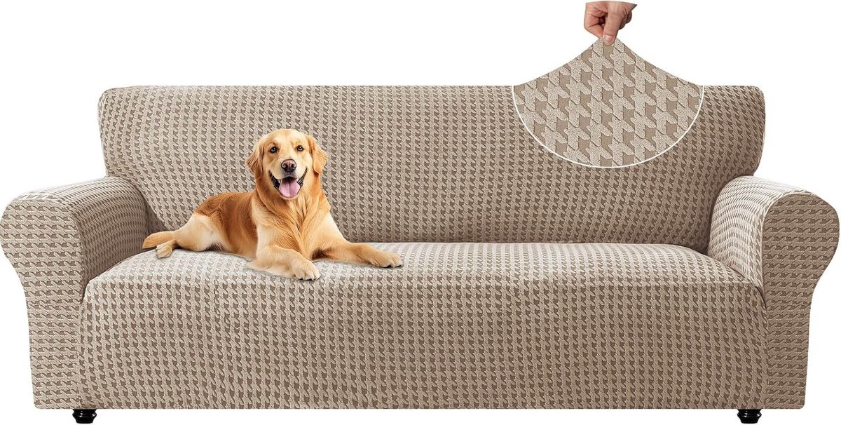 Stretch Sofa Cover voor 3 Zits Bank, Universele Elastische Hoes met Anti-slip Schuim, Krabbestendige Bescherming voor Woonkamer, Khaki