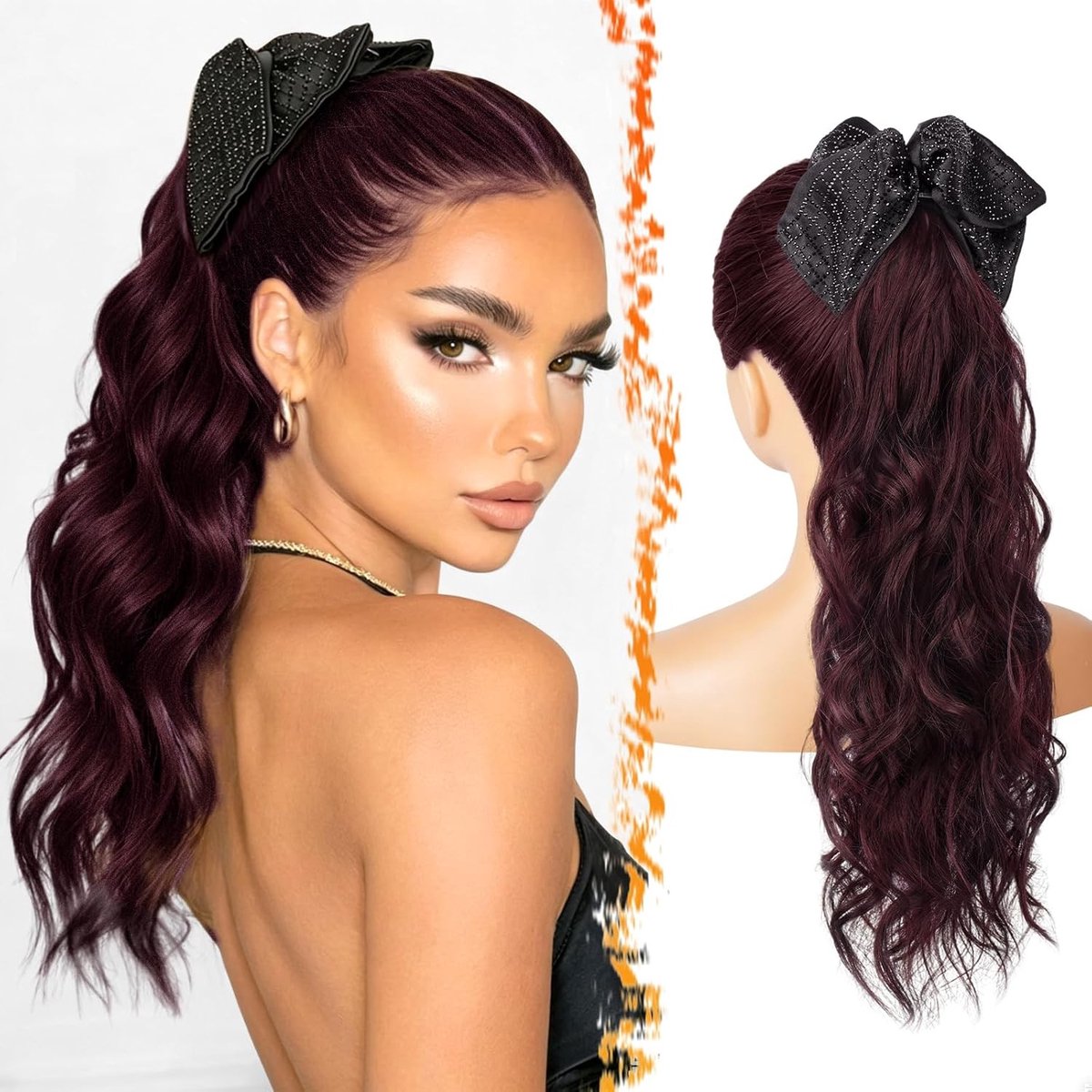 Bordeauxrode Kralen Haarclip met 45 cm Golvende Ponytail Extensions voor een Natuurlijke Look, Lichtgewicht Synthetisch Haaraccessoire voor Vrouwen