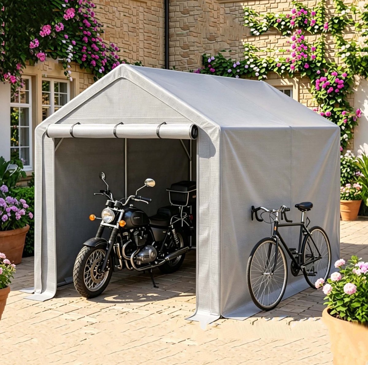 COVREO Garagetent 296x190x200 cm donkergrijs - stalen frame - PE tentdoek - oprolbare deur met rits