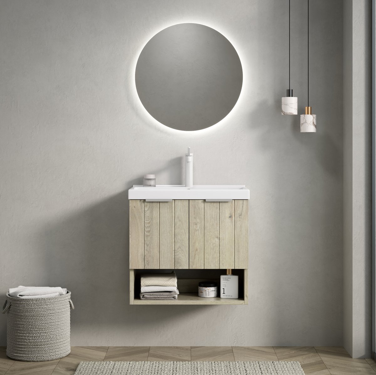 STILVORA Badkamermeubel - Wandhangend Met Keramische Wastafel En Open Vak - 2 Deuren Voor Kleine Badkamer - Hout - 55 Cm - Gebroken Wit;Wit