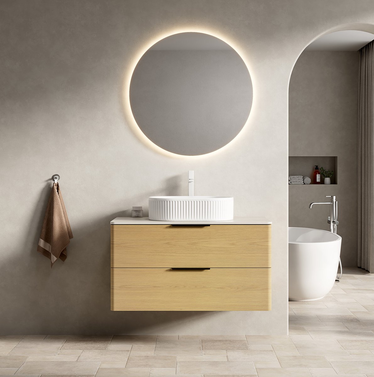 STILVORA Badkamerkast - Zwevend Wastafelmeubel Met 2 Lades En Ovale Wastafel - Voor Badkamer - Keramiek En Sintersteen - 90x46x62,2 Cm