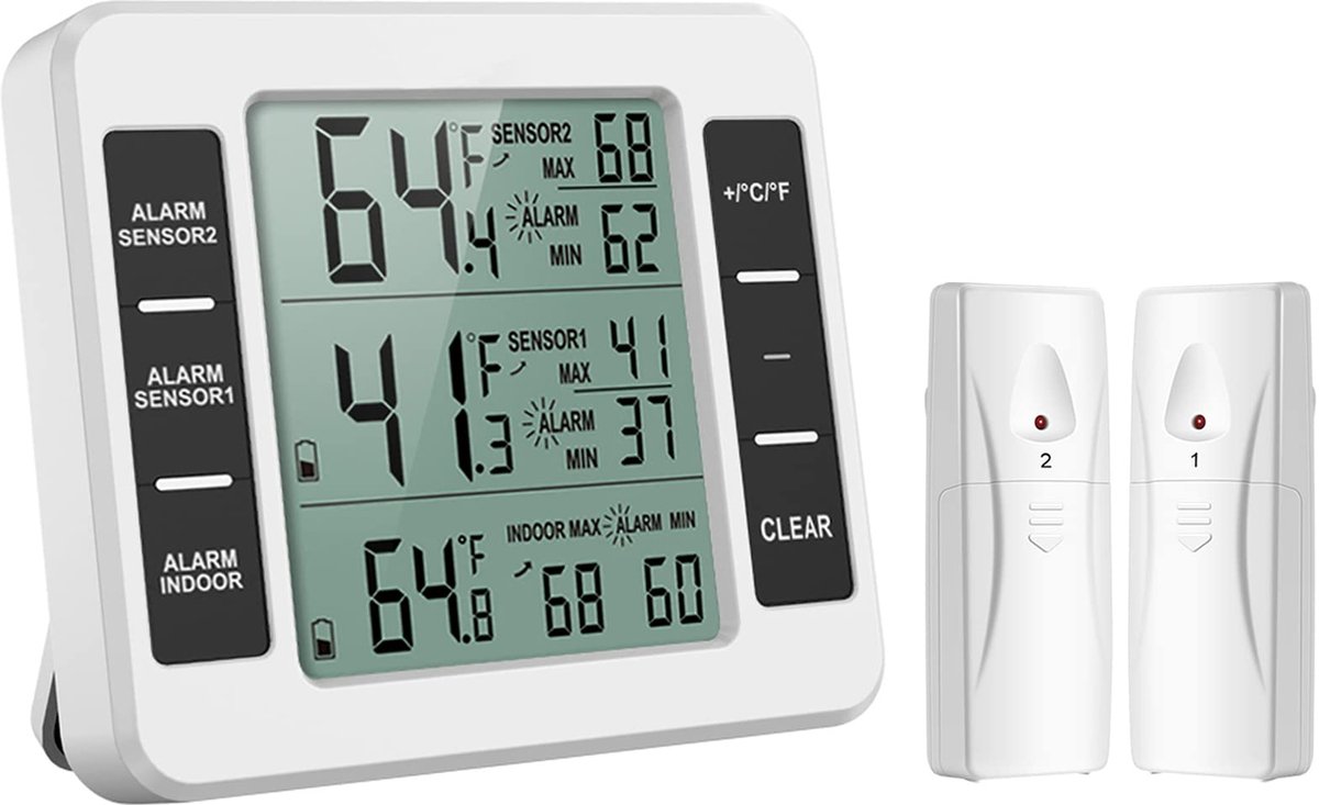 carmdering - Draadloze Thermometer - Draadloze Temperatuurmeter - Digitale Weerstation Met Sensoren - Drievoudige Monitoring - Min Max Registratie - ABS Kunststof - HD LCD Scherm - Ideaal Voor Koelkast En Vriezer - 1 Set