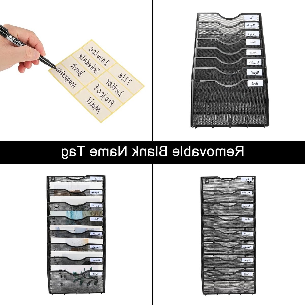 8-laags A4 mesh bureauladen organizer met 5 haken en sleutelrek - Zwart - Opbergrek voor tijdschriften