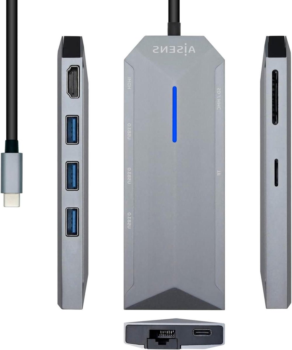 USB-C Dockingstation - Hub Adapter - Laptop Uitbreiden - 8 Poorten - 15 cm - Grijs