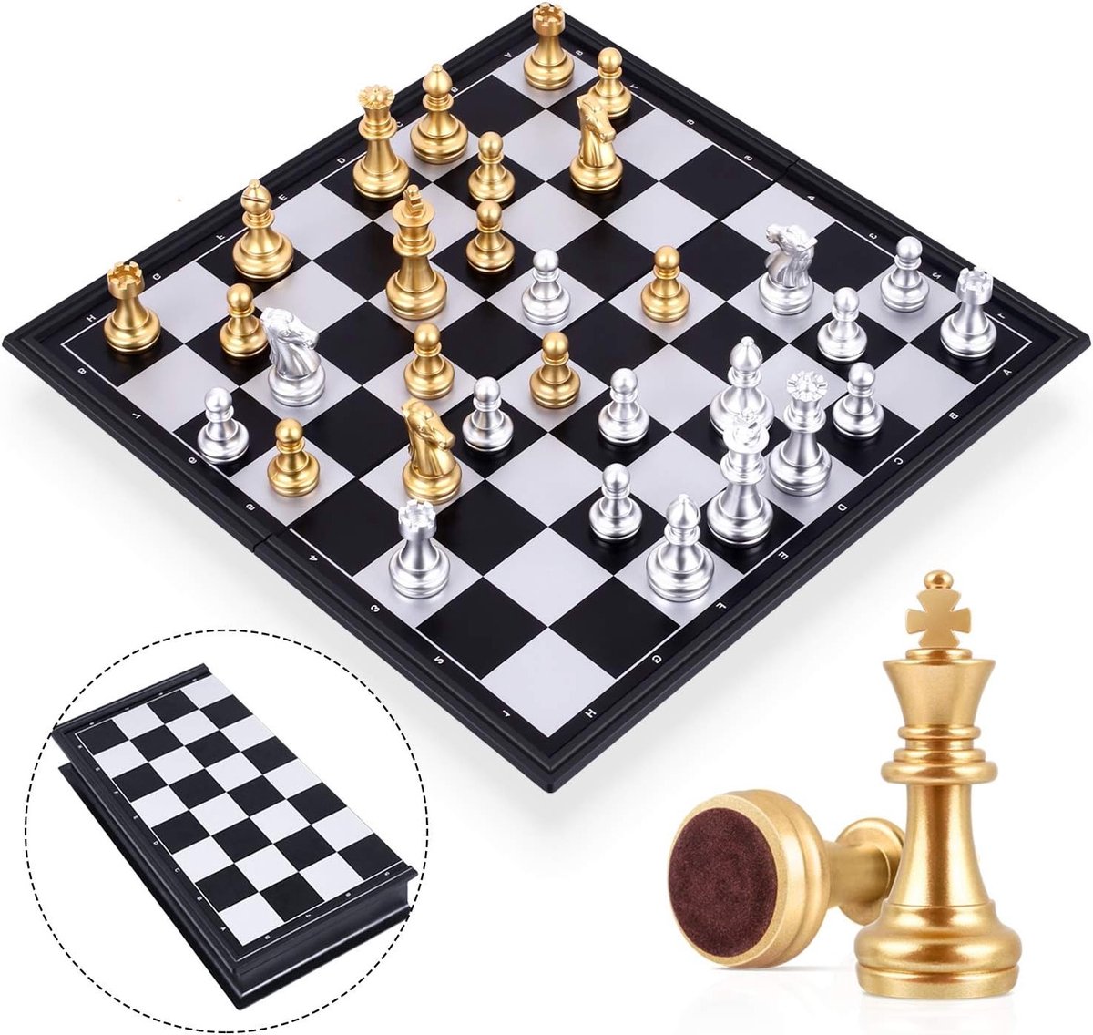 Vouwbaar Schaakbord met Magnetische Figuren voor Kinderen en Volwassenen - Ideaal voor Thuis en Reizen - 25CM Goud en Zilver