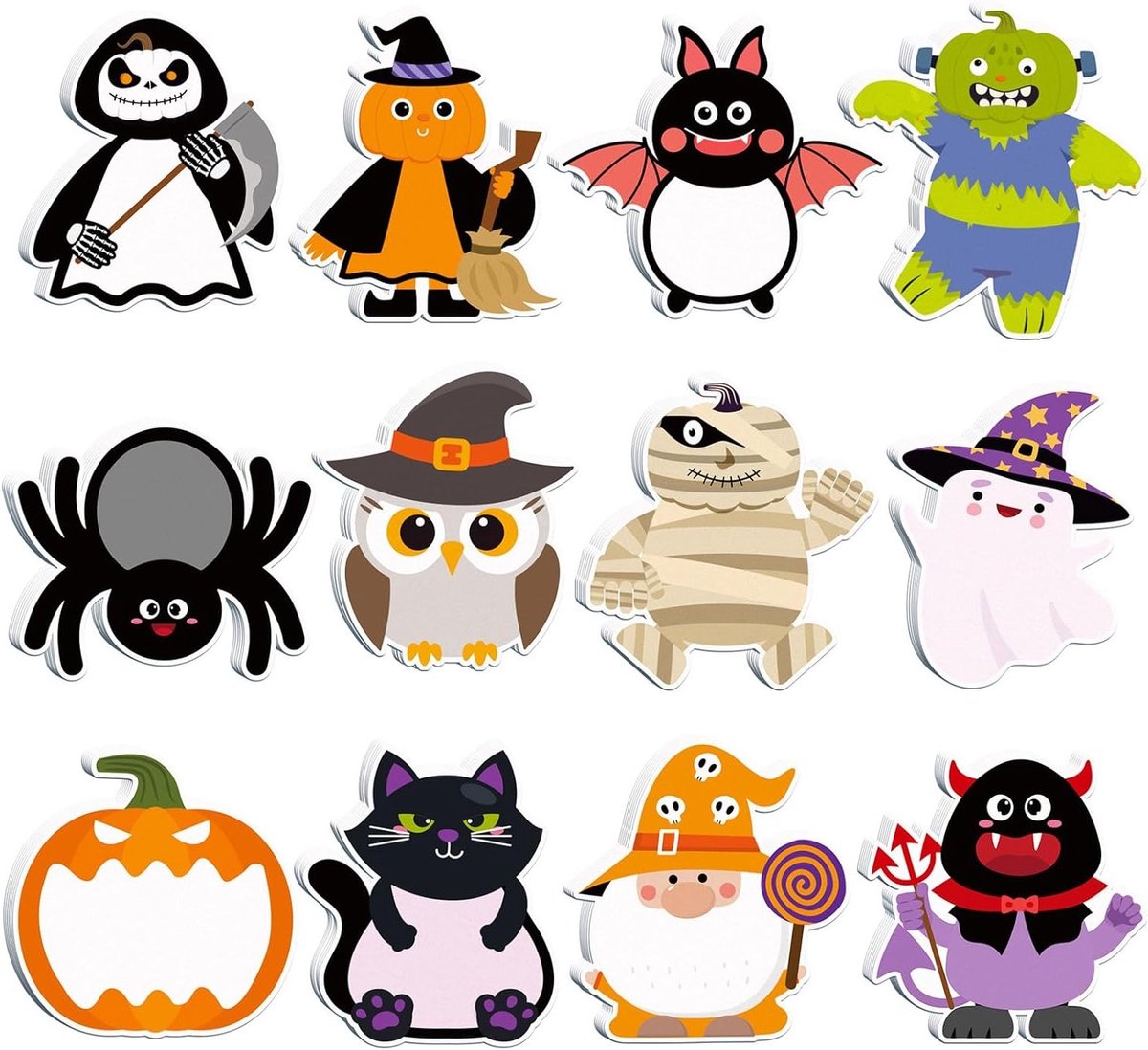 Set van 12 Hechtnotities voor Halloween, Herinneringsnotities met Pompoen, Spook, Kabouter en Spin voor Kinderen, Studenten en Kantoordecoratie tijdens Halloween Feestjes