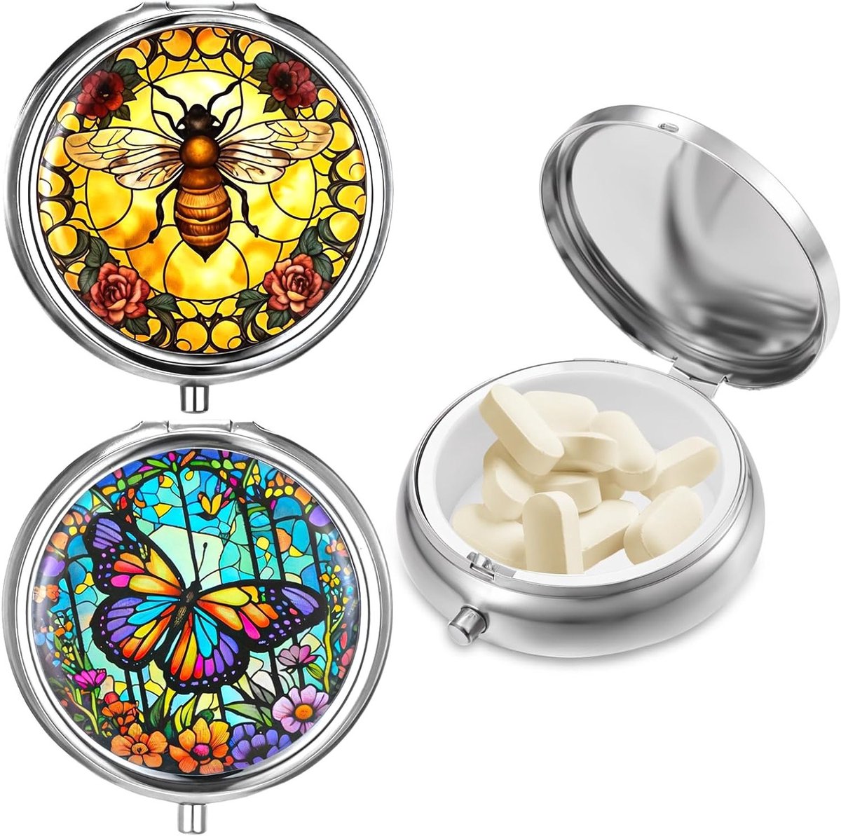 2 Stuks Draagbare Medicijn Doosjes - Vochtbestendige Pocket Organizer voor Tabletten, Compacte en Schattige Opbergdoos voor Medicijnen met Spiegel en Leuk Design