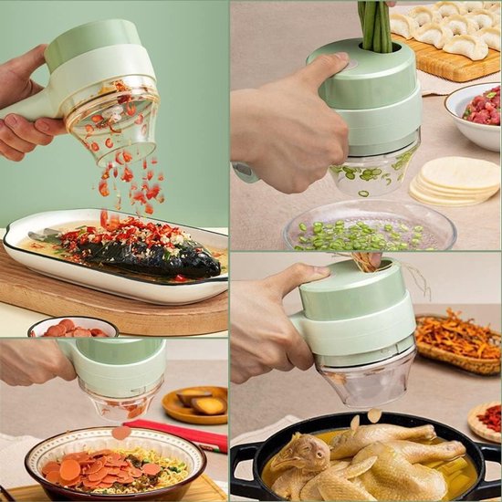 Elektrische 4-in-1 Groentesnijder, Draagbare Mini Blender voor Snijden, Hakken en Malen van Knoflook, Ui en Chilipeper, USB Oplaadbaar met Mini Messen — afbeelding 4