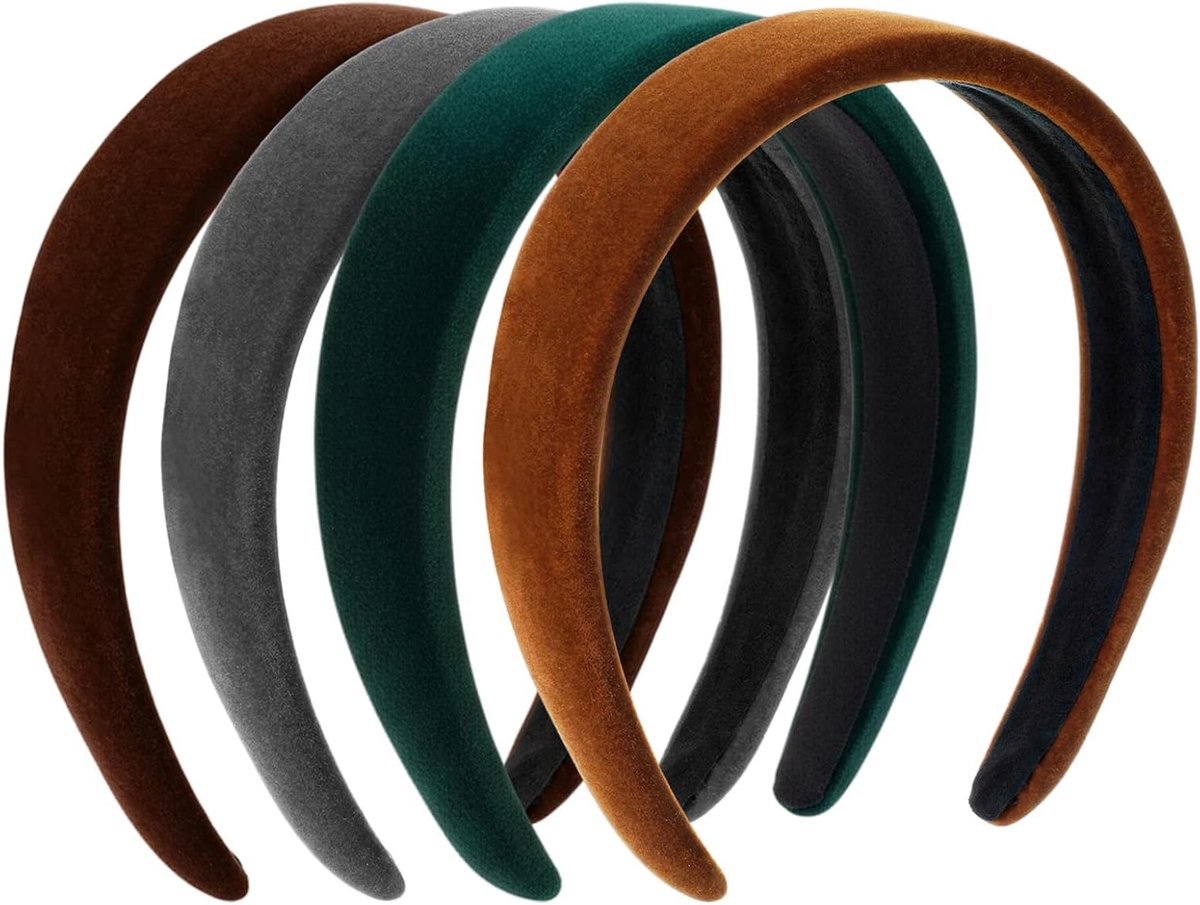 Set van 4 Fluwelen Haarbanden voor Dames - 3 cm Brede Lined Haarbanden voor Dagelijks Gebruik en Modeaccessoires (Grijs/Oranje/Bruin/Groen)