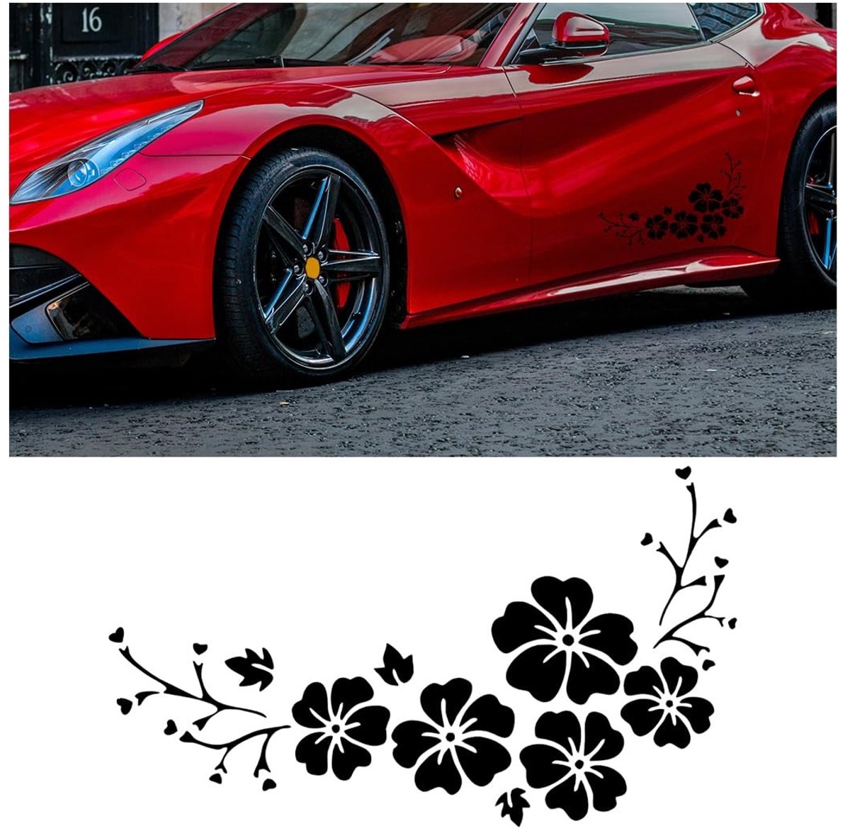 Dailygoody - Zijstickers voor de Carrosserie - Reflecterende Auto-exterieurdecoratie - Veelkleurig - Hibiscus Patroon - Voor Auto's en Campers - Zwart