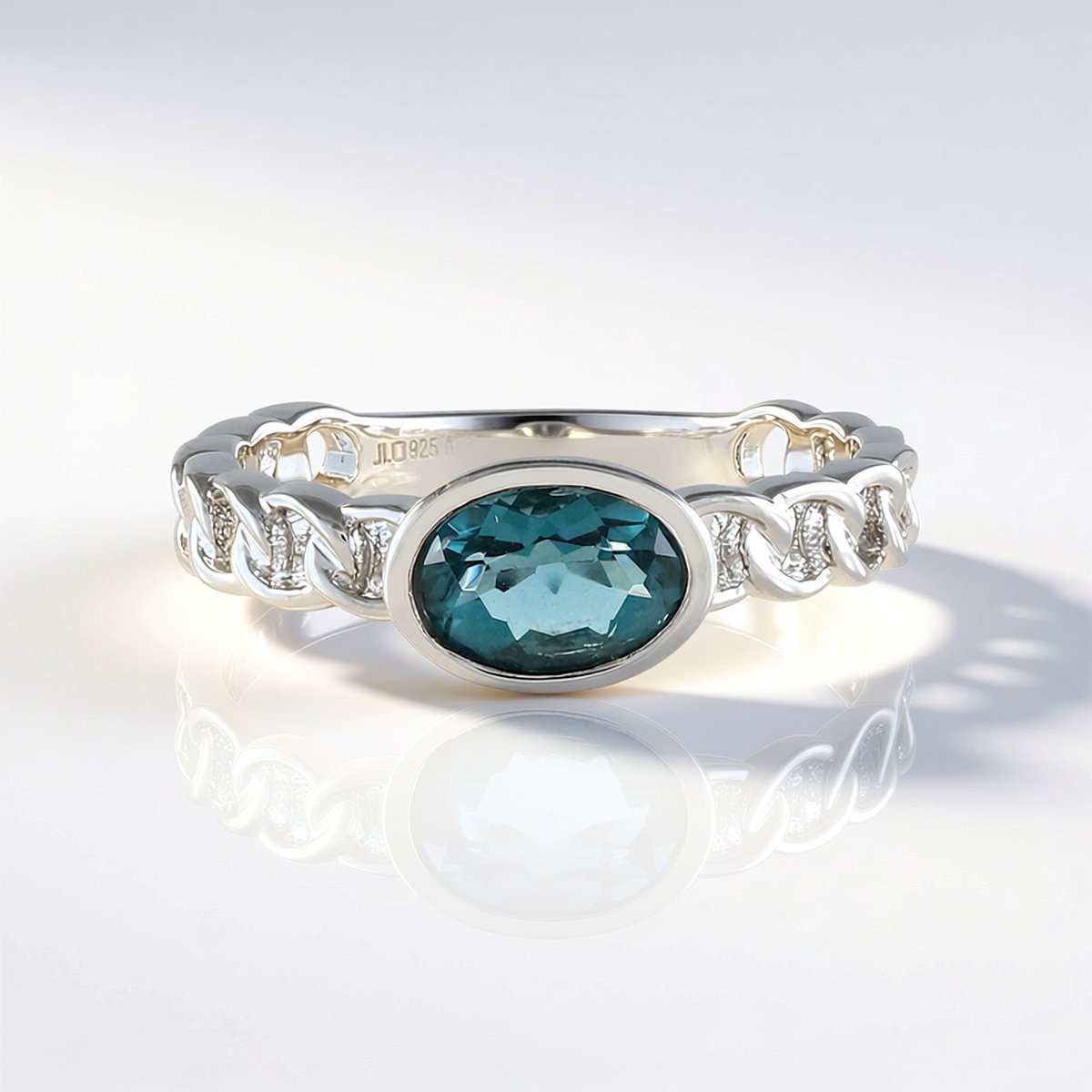 Cavill - Verstelbare Zilveren Ring 925 Sterling Platina - Ovale Petroleumkleur Fluoriet 0,96 ct - Bezel Zetting - Edelsteen Ring Dames - Modern Design