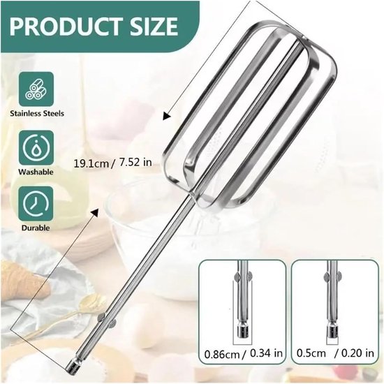 Roestvrijstalen Klopperkoppen - Mixer Accessoires - Bakken Maken - Verstevigd Roestvrij Staal - 19.1 cm - Zilverkleurig — afbeelding 3