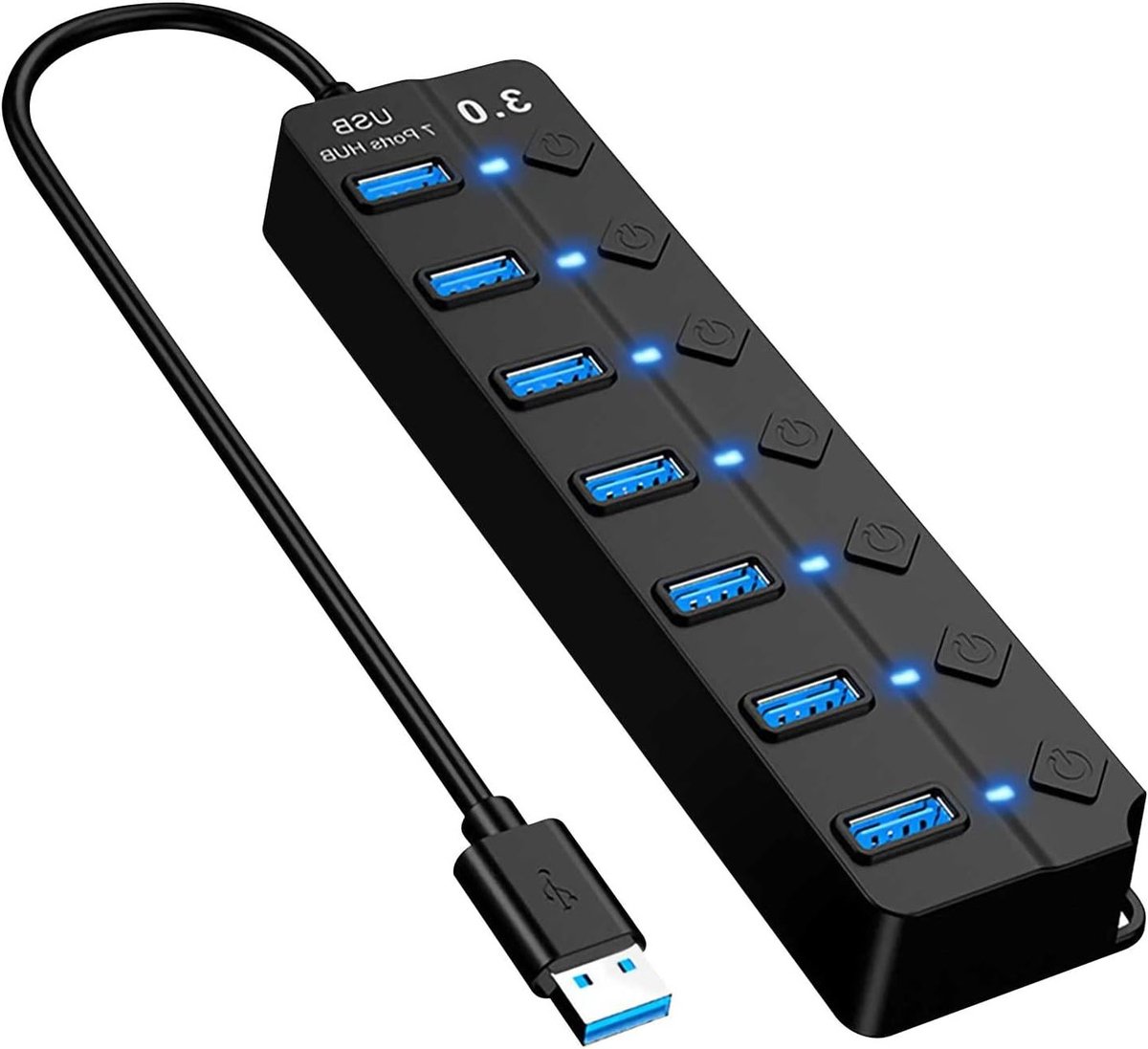 USB 3.0 Hub met 7 Poorten, Voeding, LED Display en Individuele Aan/Uit Schakelaars voor Laptop, PC en MacBook