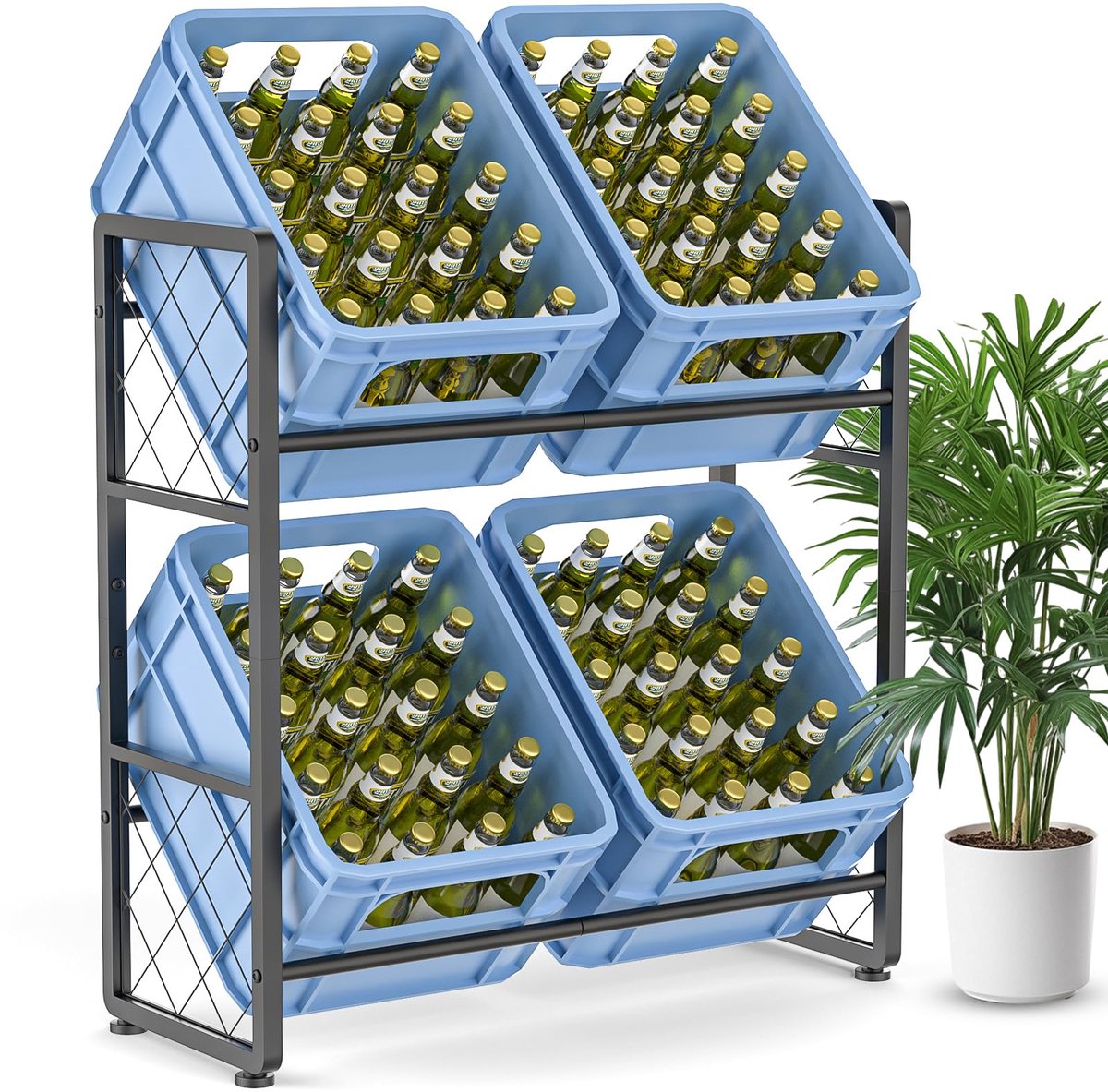 Dreamhigh® Krattenrek met Opbergruimte voor 4 Kisten - Krattenrek Drankrek Bierkratrek Vrijstaand Kistenstandaard - Metalen Drankrek 2-Laags Krattenorganizer - Ruimtebesparende Opslag voor Bier - Water - Fruit en Groenten - 81x32x82.5cm