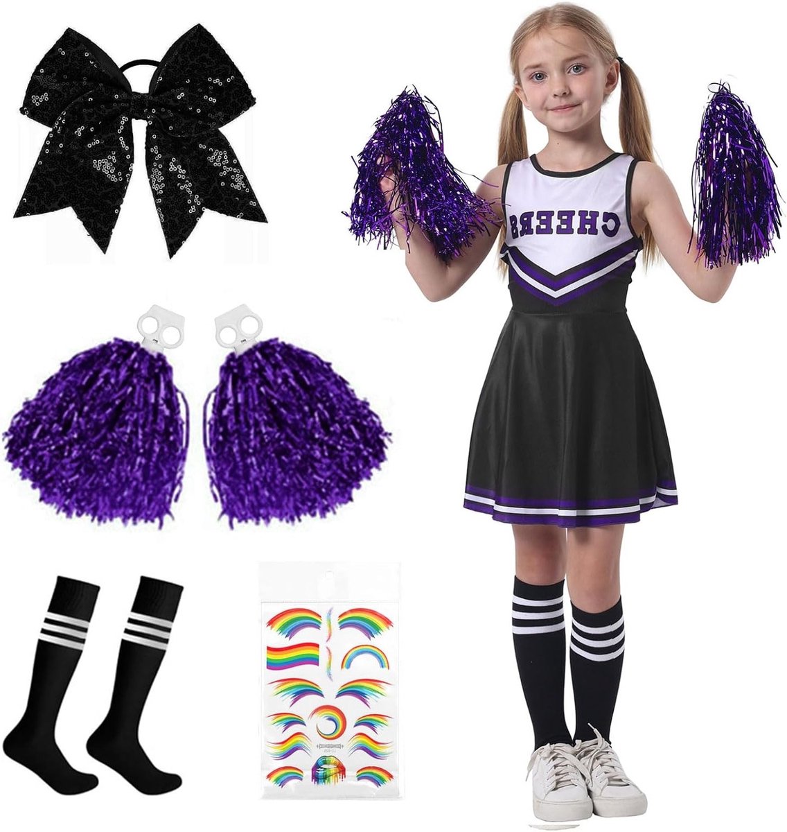 Kostuum voor Cheerleaders voor Kinderen en Volwassenen, Compleet met Pompoms, Bows en Sokken voor Carnaval en Halloween