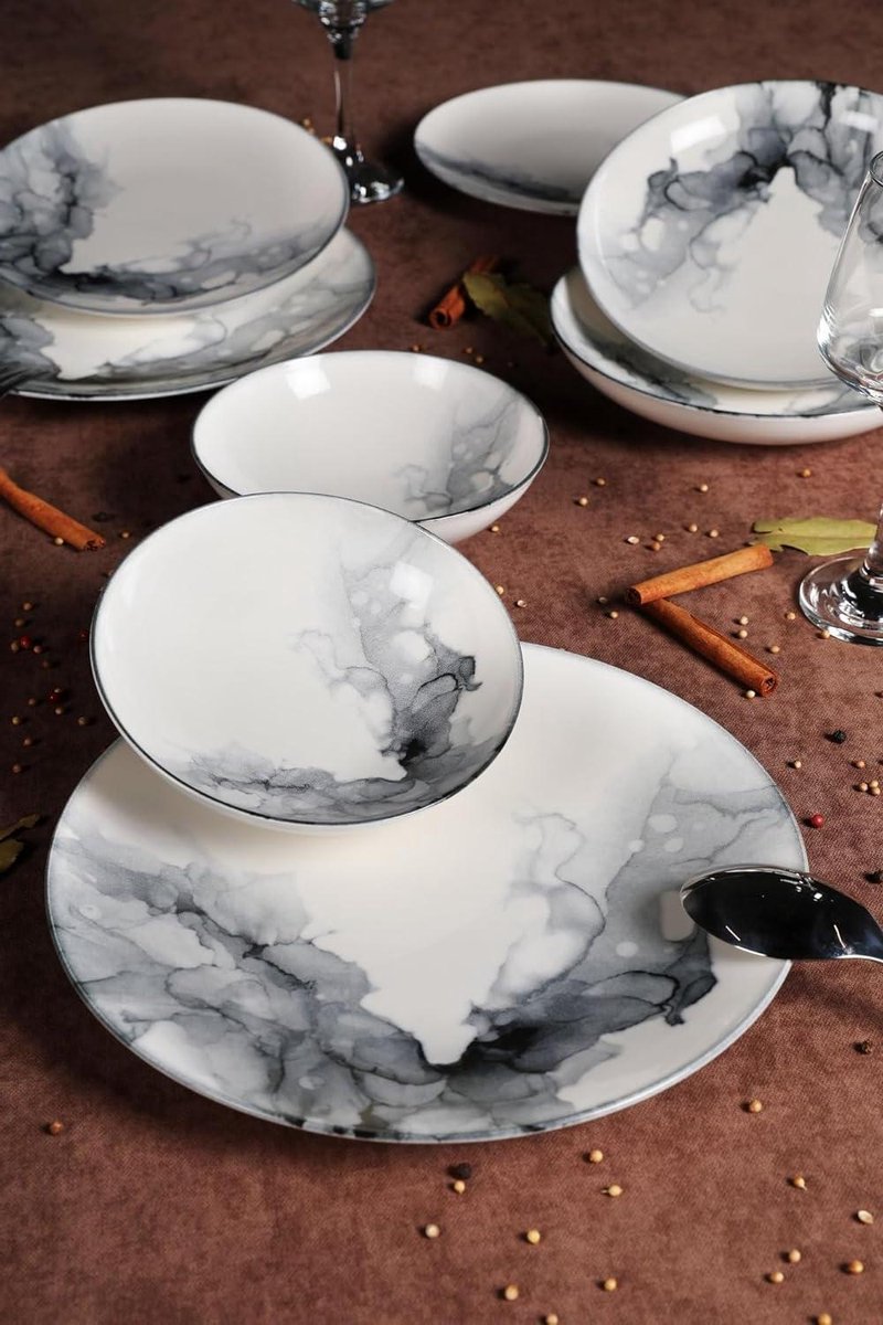 Dinerset 24-delig - Porseleinen servies - Eettafel aankleden - Magnetron vaatwasbestendig - 6 persoons - Marmer