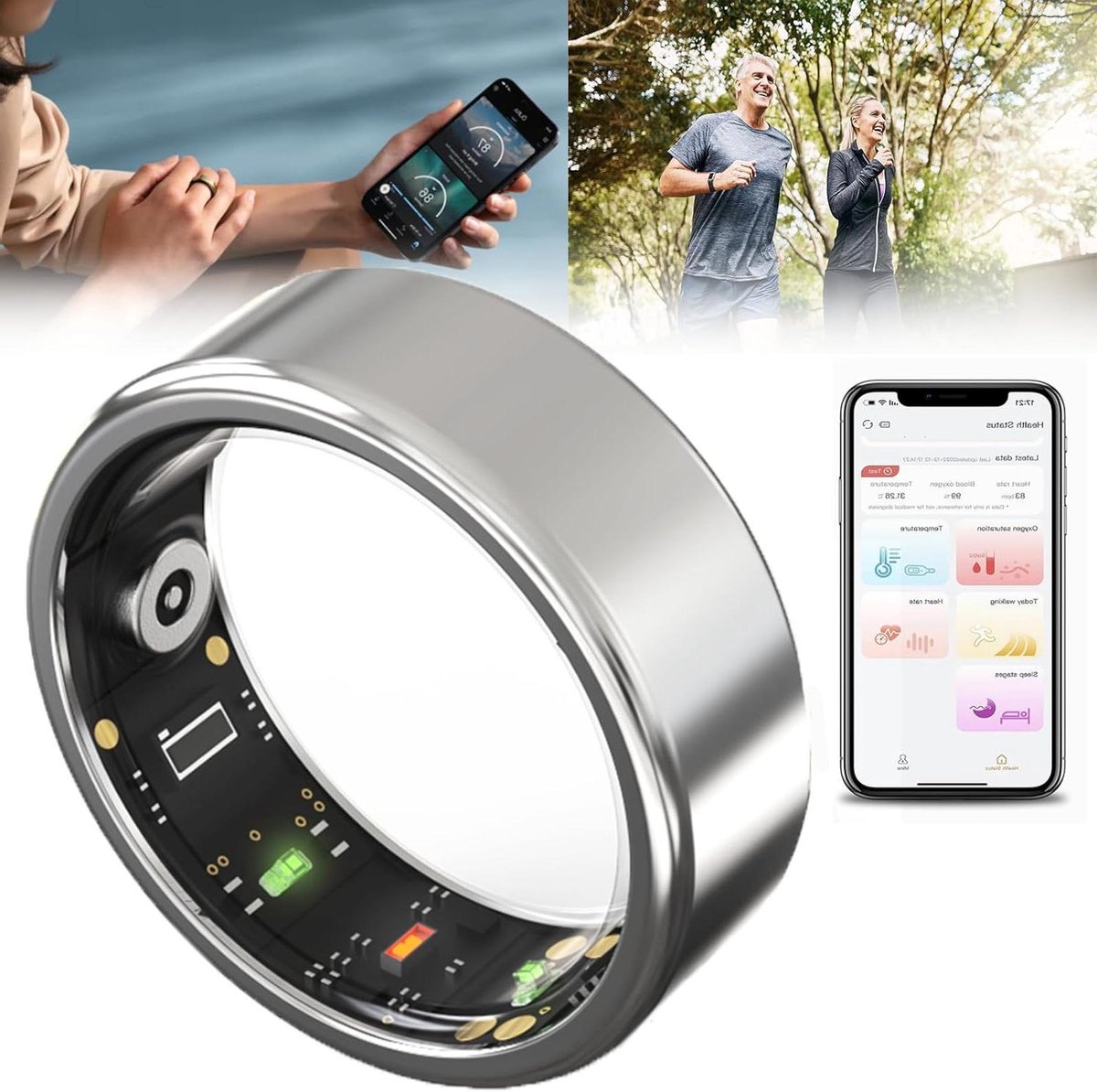 Slimme Ring - Gezondheidstracker Ring - Gezondheid Monitoren - Uitgebreide Slaapanalyse - 4-6 Dagen Batterij - Zilver