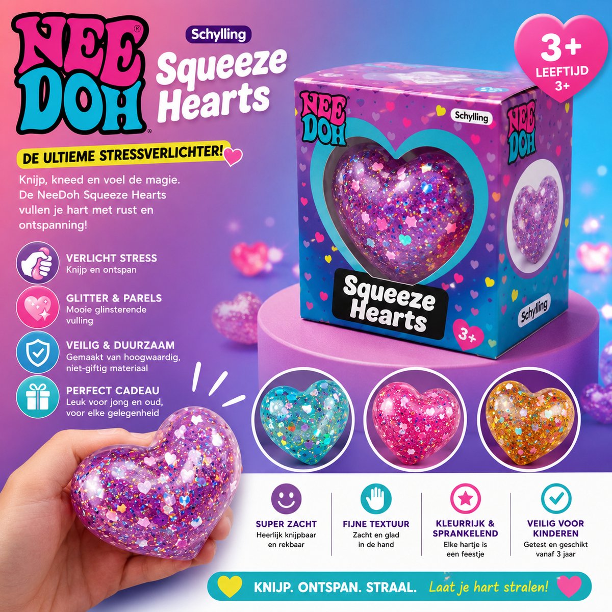 NEEDOH Squeeze Hearts – Glitter Stressbal Hartje | Super Zacht & Ontspannend | 3+ Jaar