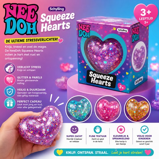 NEEDOH Squeeze Hearts – Glitter Stressbal Hartje | Super Zacht & Ontspannend | 3+ Jaar