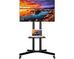 TV Standaard op Wielen - Verrijdbare TV Vloerstandaard 32 tot 65 Inch - Verstelbare TV Beugel met Kantelfunctie en Remwielen - Universele Monitorstandaard voor Kantoor, Beurs en Woonkamer - Zwart