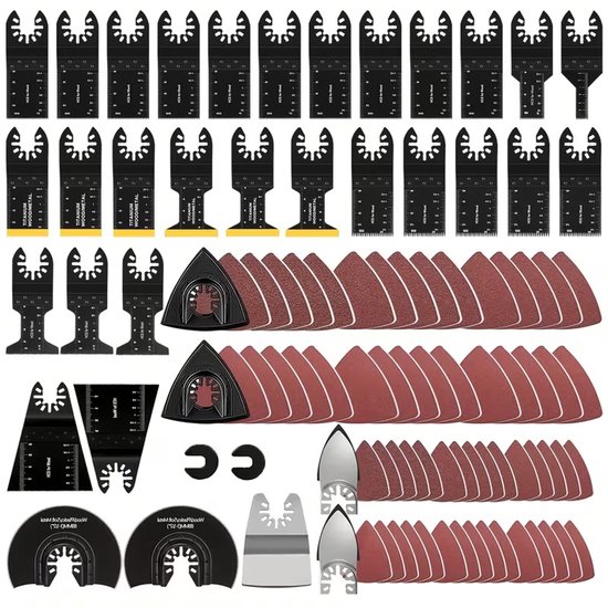 Set met 97-delige accessoires voor oscillerende multitool, inclusief diverse zaagbladen voor hout en metaal, schuurpapier en adapters in diverse maten.