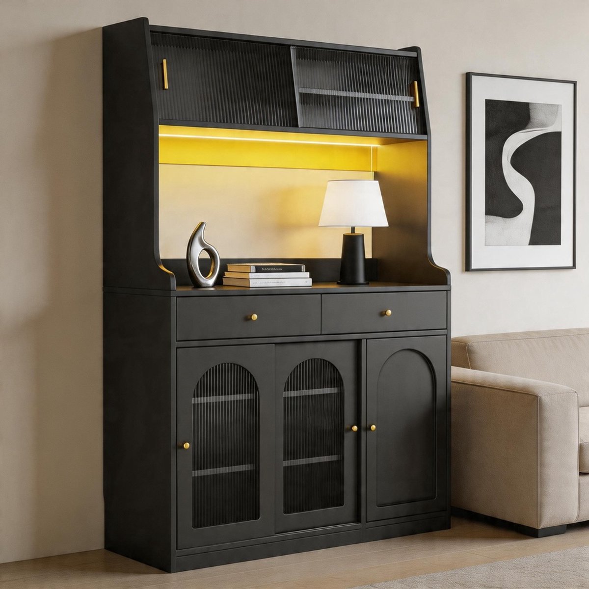 Komhtom - Keukenkast en hoge vitrinekast - Buffetkast met verstelbare planken - Eetkamerkast met 2 lades - Dressoir met LED-verlichting en variabele lichtkleuren - Zwart