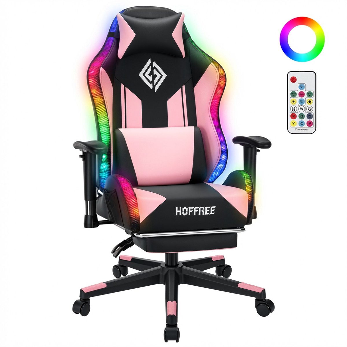 HOFFREE LED Gaming Stoel voor Kinderen 8-15 Jaar – Verstelbare Gamer Stoel met LED Verlichting, Voetsteun & Lendensteun, Ergonomische PC Stoel – Roze