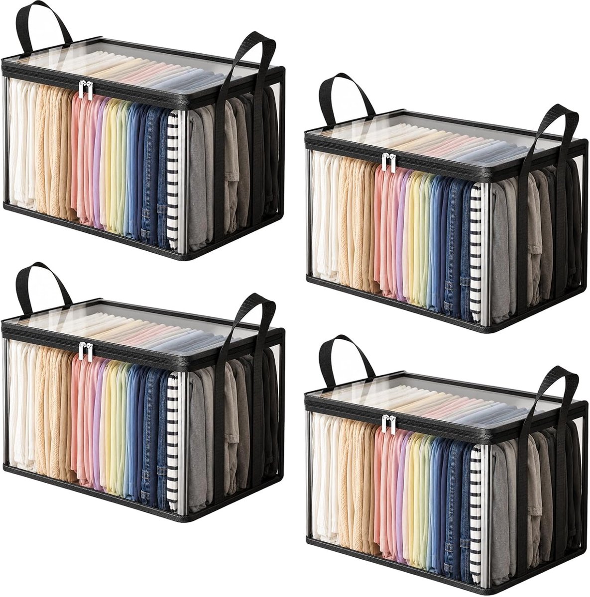 XL Transparante opbergtassen - 4 Stuks - Opbergtas en Organiser voor Kleding en Dekens / Dekbed - Kledingorganizer met Stevige Handvaten en Rits - Opvouwbaar Kledingopbergtas - Opbergzak Organizer - Waterdicht - Verhuizingen en Opslag - SOLLBRY®