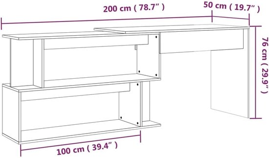 Gaming bureau - Hoektafel werktafel - Thuiswerken gamen - Draaibaar ontwerp - 200x50x76 cm - Bruin eiken — afbeelding 4