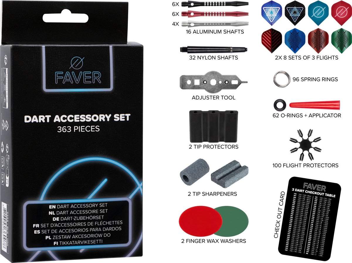Faver Dart Accessoire Set 363 Stuks - Aluminium/Nylon shafts - Check-out card - Dartset