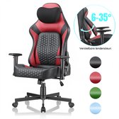 Ergonomische rode en zwarte bureaustoel, verstelbare lendensteun (6-35°). Beschikbaar in zwart, rood, groen en blauw.