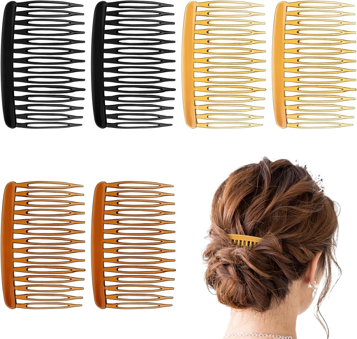 Set van 6 Franse Twist Haarclips voor Dames - Decoratieve Plastic Kammetjes met 14 Tanden in Retro Stijl (Zwart, Licht Koffie, Donker Koffie) - Haaraccessoires voor Elke Gelegenheid