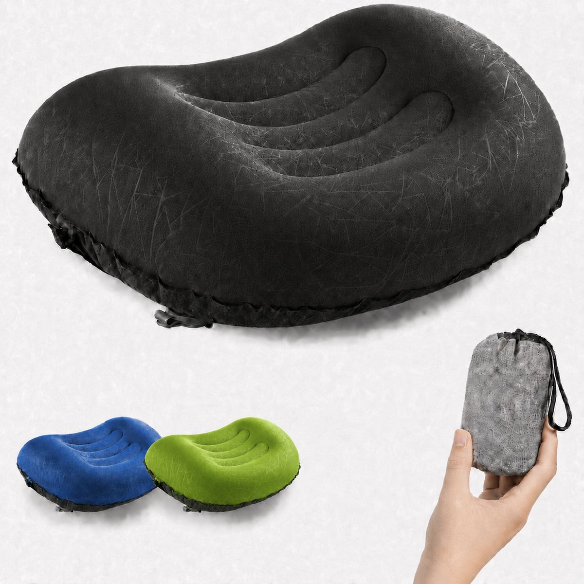 Opblaasbaar Reiskussen - Kampeer Kussen - Lichtgewicht Nekkussen - Compact Hoofdkussen met Draagtas - Zwart