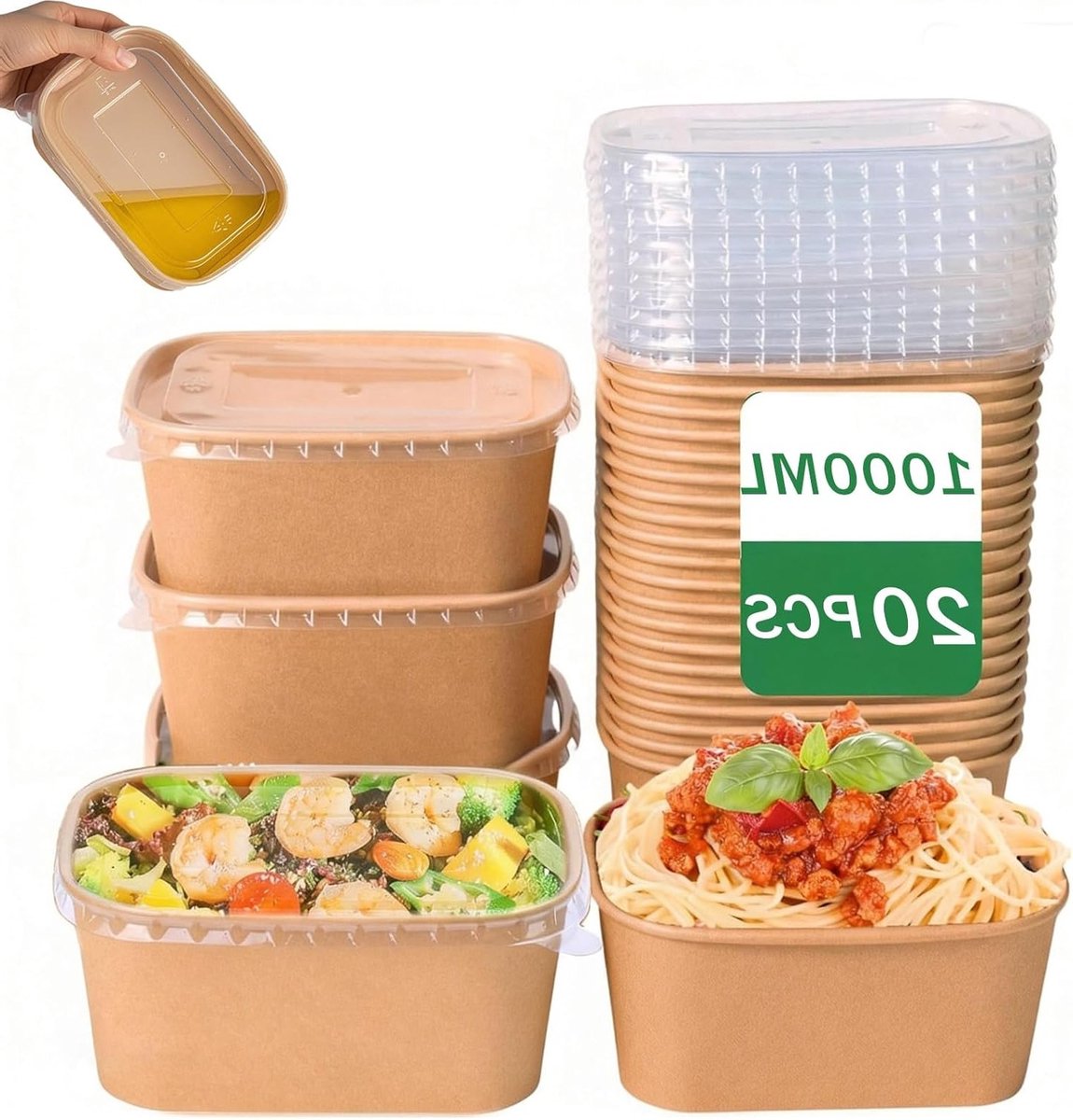 Kraft Papieren Dinerdozen met Deksel - 20 Stuks, 1000ml, Water- en Vetbestendig, Ideaal voor Afhaalmaaltijden, Reizen en Werkdiners, Magnetron- en Vriesbestendig