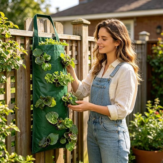 Hangende aardbeienplanter, ondersteboven patio tuin tomatentassen, hangende kweekzakken met handvatten voor bloemen en planten, geschikt voor buiten van Merkloos	 — afbeelding 5