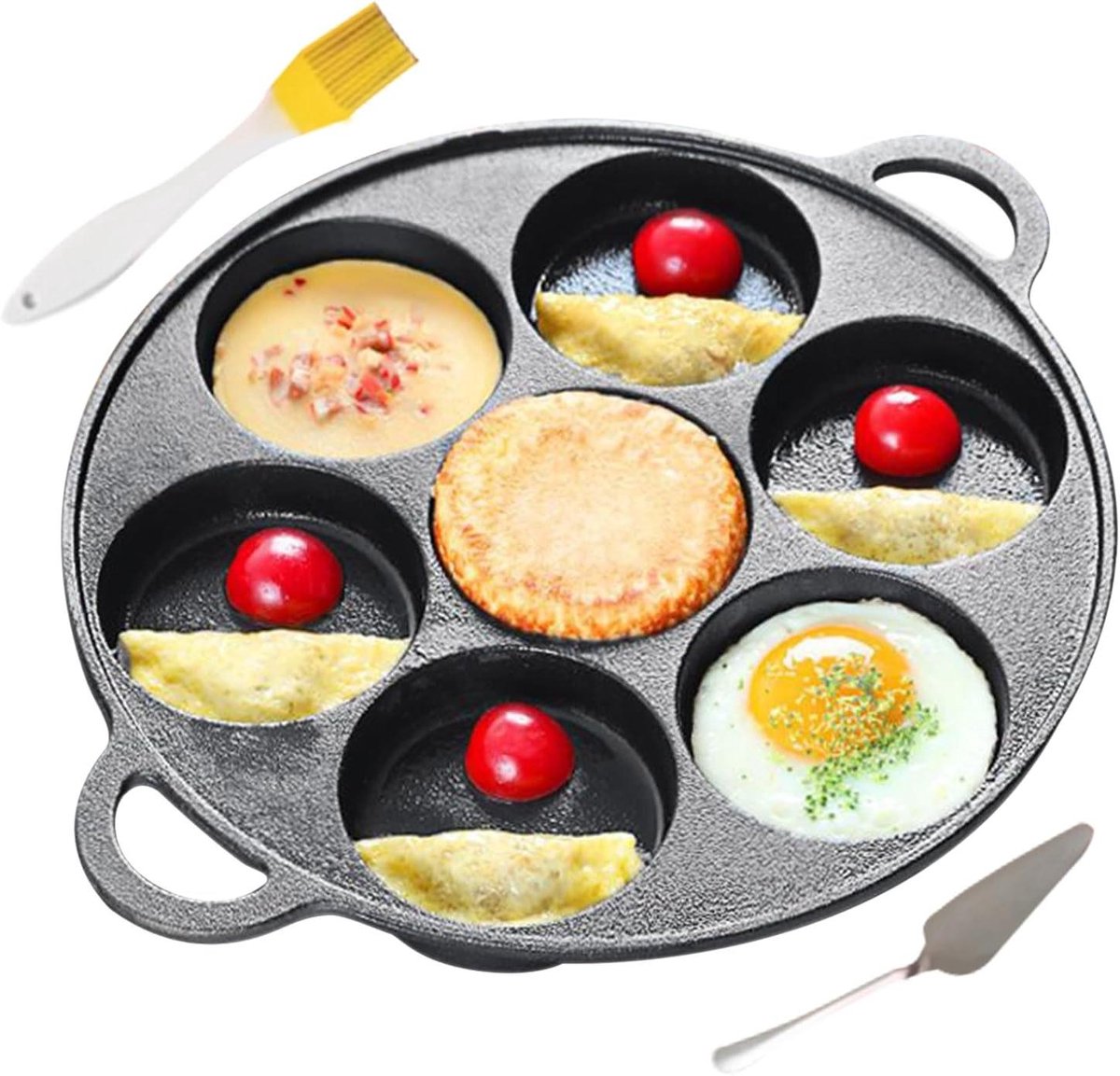 Pannenkoekenpan Gietijzer - Muffin Pan - Ontbijt Maken - 7 Holtes Inclusief Spatel - 27 cm - Zwart
