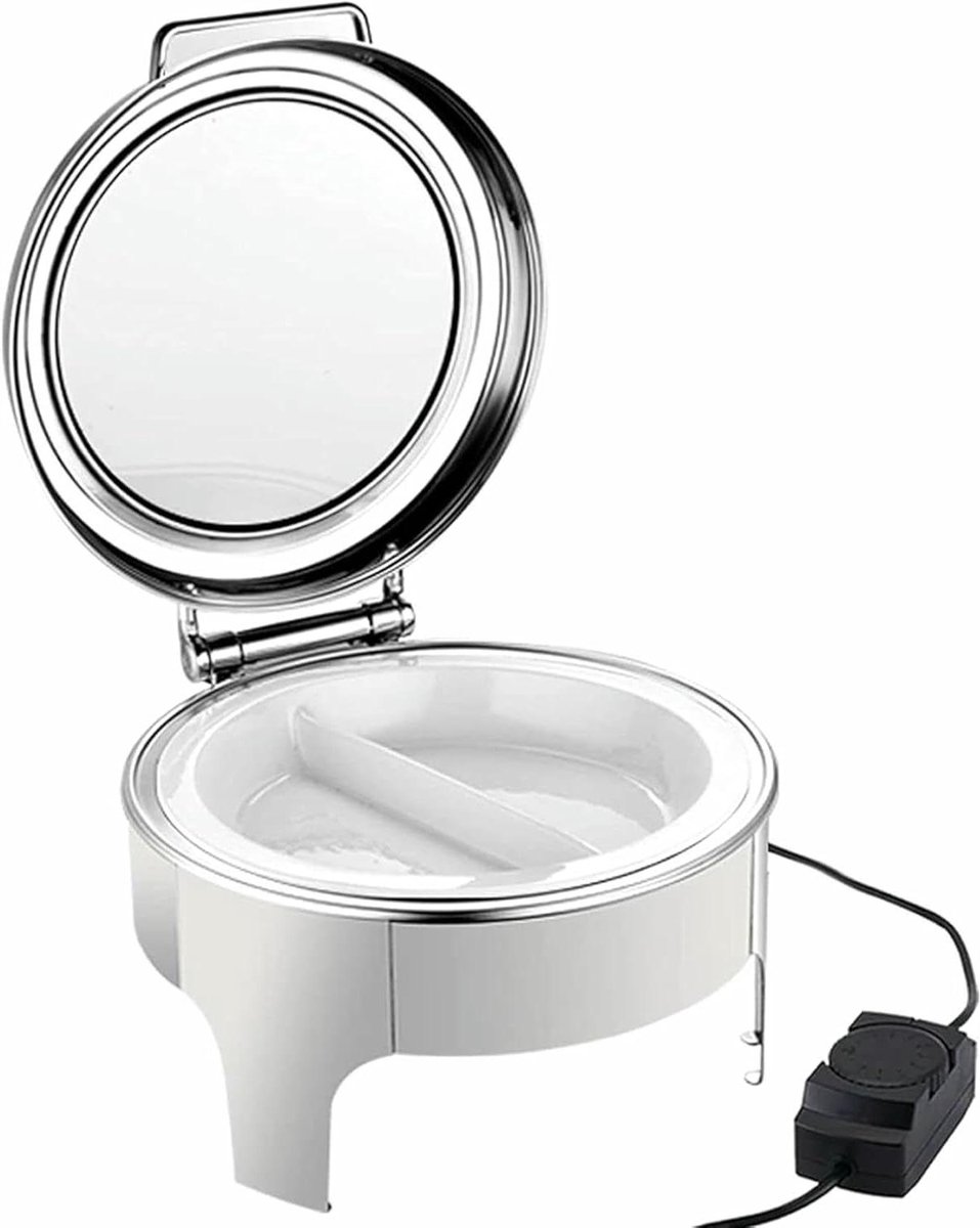 Elektrische Warmhoudplaat - Ronde Buffetpan - Buffetten Warm Houden - Hydraulisch Glasdeksel - 6 Liter Inhoud - Zilver