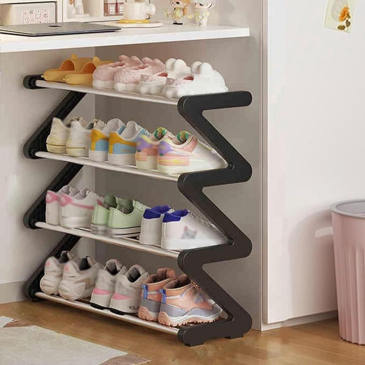Schoenenrek Toren - Verticale Plank - Ruimte Besparen - Z-vormige Stijl - 60cm Breed - Zwart