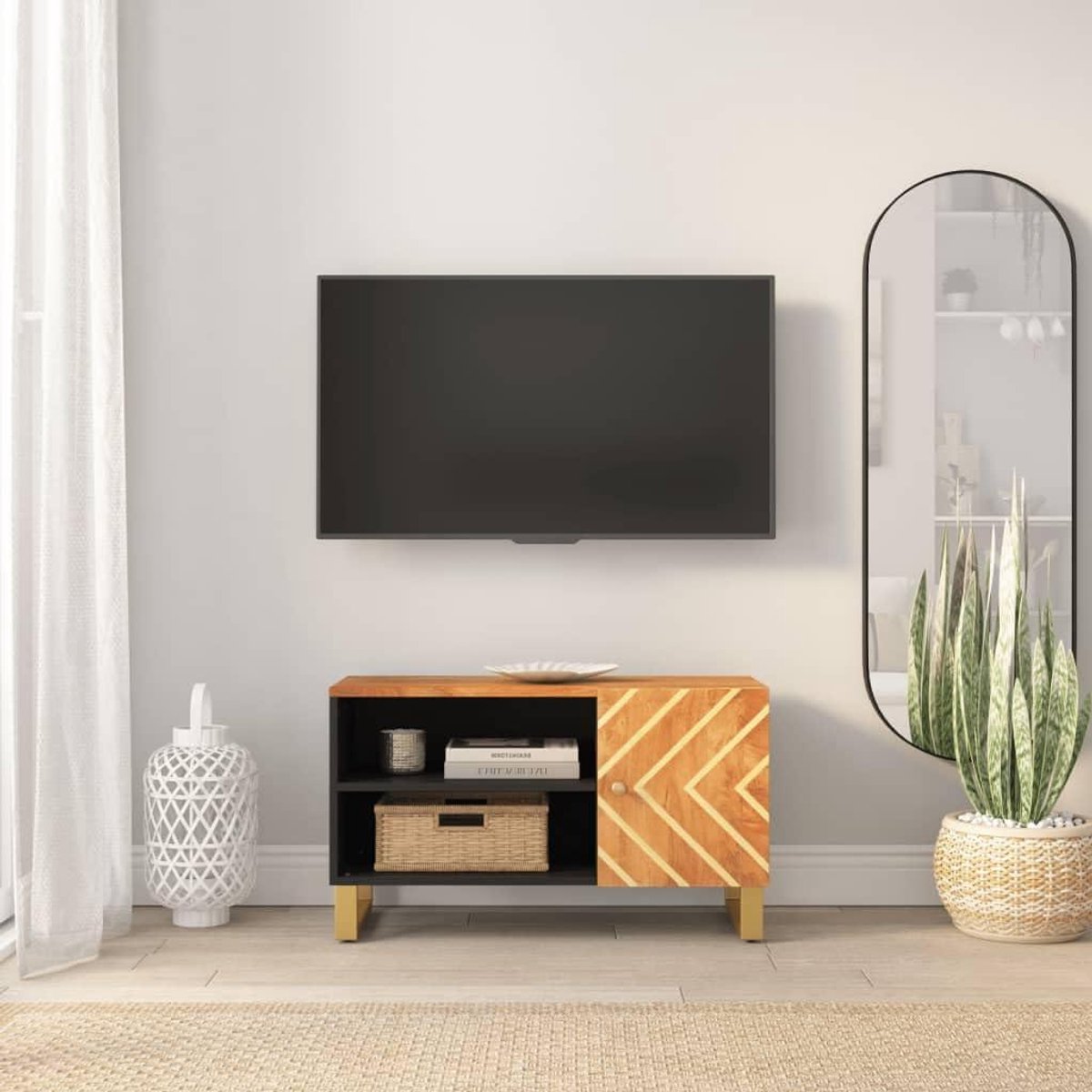 Televisiekast Massief Hout - Tv Meubel - Media Opslag - Robuuste IJzeren Poten - 80 cm Breed - Bruin