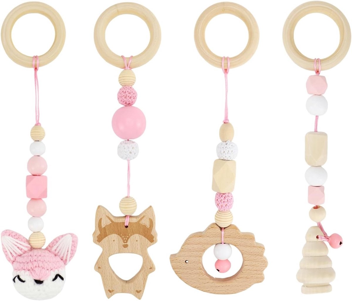Houten Speelboog met Klok voor Baby's - 4 Delige Set voor Speelgoed, Kinderwagens en Newborns, Ideaal voor Babyzitjes en Prams (Roze)