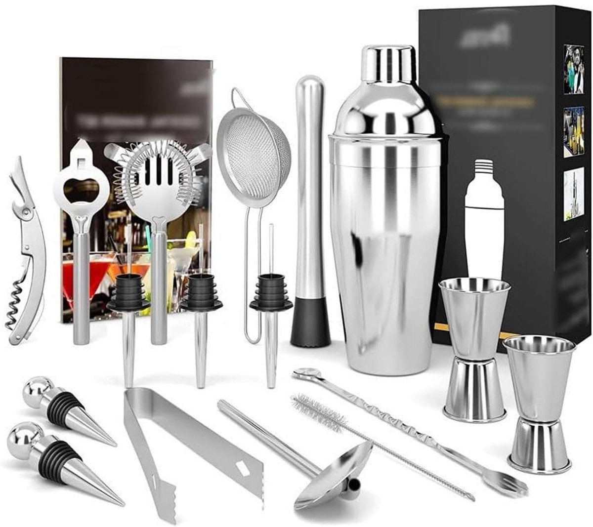 Cocktailshaker Set - Barbenodigdheden Kit - Drankjes Maken - 17 Delige Set - 2000 Gram - Zilver