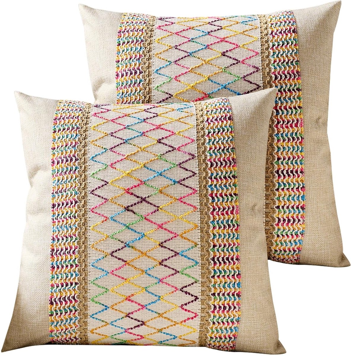Set van 2 Decoratieve Kussenhoezen 45 x 45 cm Multicolor Boho Haak Kussens voor Bank en Woonkamer