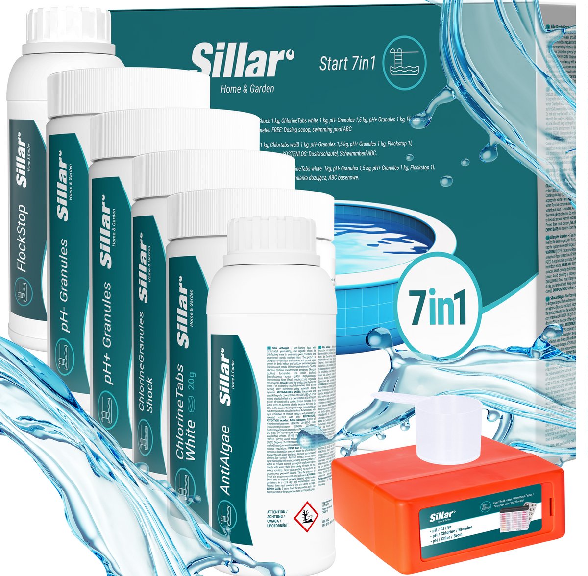 Sillar Zwembad Onderhoudsset 7-in-1 - Schoonmaakset - Chloor Tabletten, Anti Alg, Tester - startset voor zwembad, jacuzzi - 7 stks