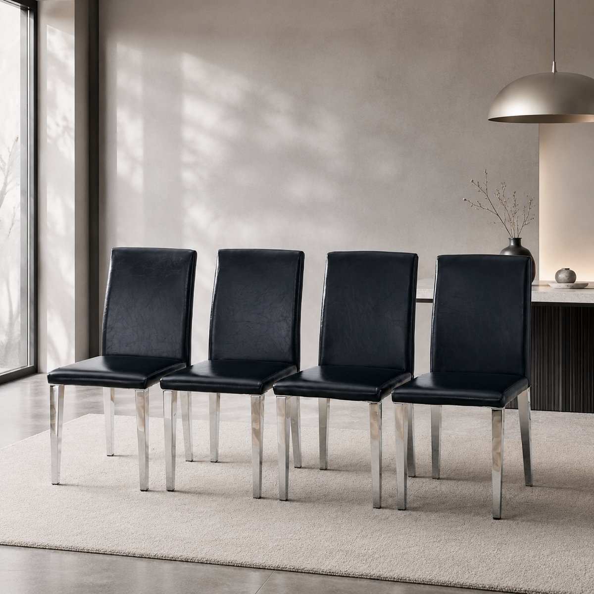 Welltin Eetkamerstoelen - Set Van 4 - PU Leer - Gestoffeerde eetkamerstoel - Eetkamerstoel - Met rugleuning - Eettafelstoel - Eetkamerstoelen - Stoel - Moderne stijl - Zwart, zilver