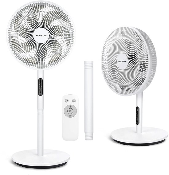 Staande ventilator wit 7 bladen 9 snelheden stil DC motor met afstandsbediening en timer, verstelbaar hoogte
