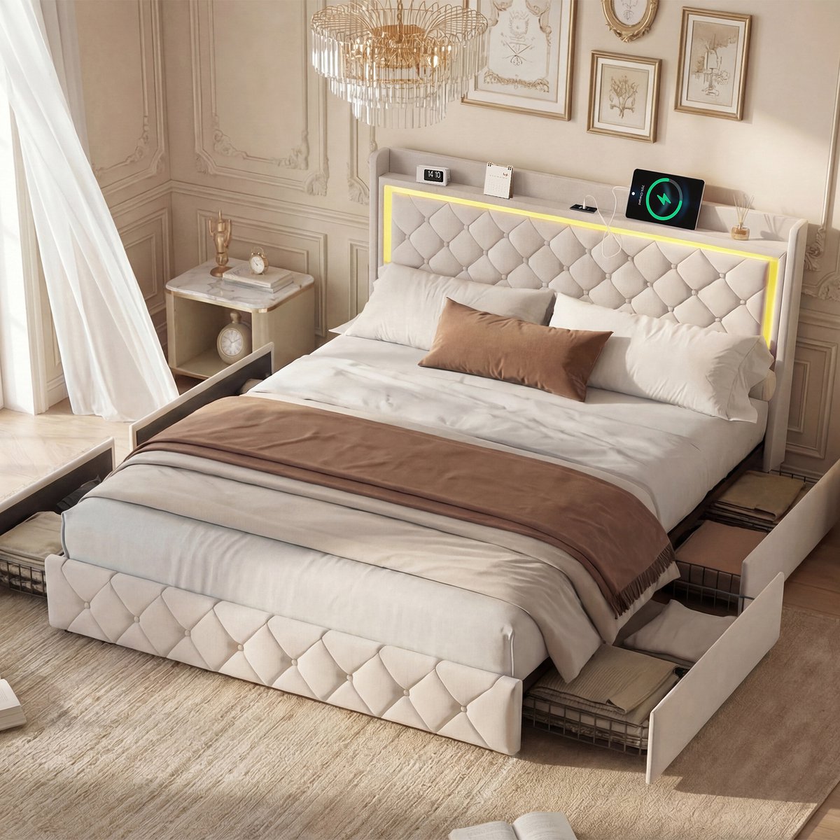 ROSAHQNDA Gestoffeerd bed - 140x190cm - met LED-lichtstrip - USB-oplaadpoort - opberglade - beige fluwelen hoofdbord - stijlvol en eenvoudig - matras niet inbegrepen