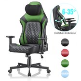 Zwarte en groene gamingstoel met een detailweergave van de verstelbare rugleuning (6-35 graden) en kleuropties.