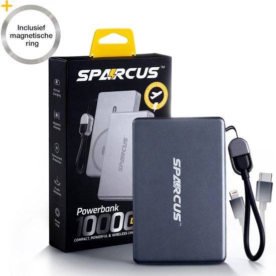 Sparcus MagSafe Powerbank 10.000 mAh – Draadloos Qi & MagSafe opladen – 20W snelladen – USB-C + Lightning kabel – Compact & magnetisch