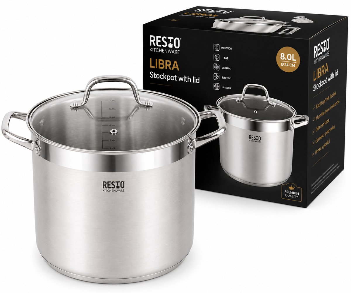 Kookpan Inductie 8 Liter Ø24 cm RVS met Glazen Deksel – Extra Grote Soeppan / Braadpan – Geschikt Voor Alle Warmtebronnen – Resto Kitchenware Libra 92006 – Zilver