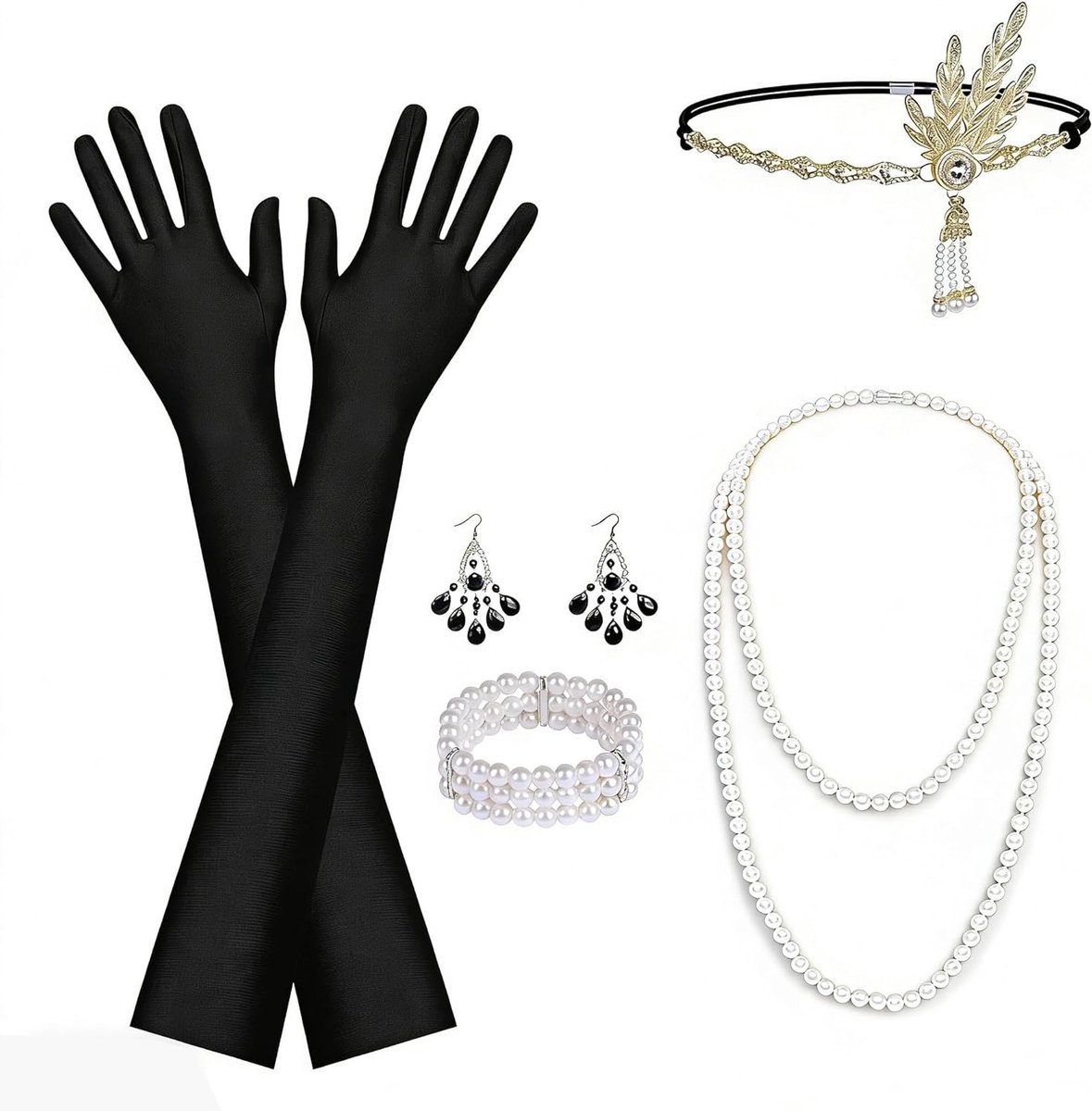 1920s Accessoire Set voor Vrouwen, Vintage Kostuum met Hoofdband, Parelsieraden, Lange Handschoenen en Gatsby Stijl Accessoires